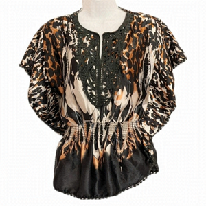 Bizz GIRL Leopard Print Chrochet Decor Boho Blouse Small @Y